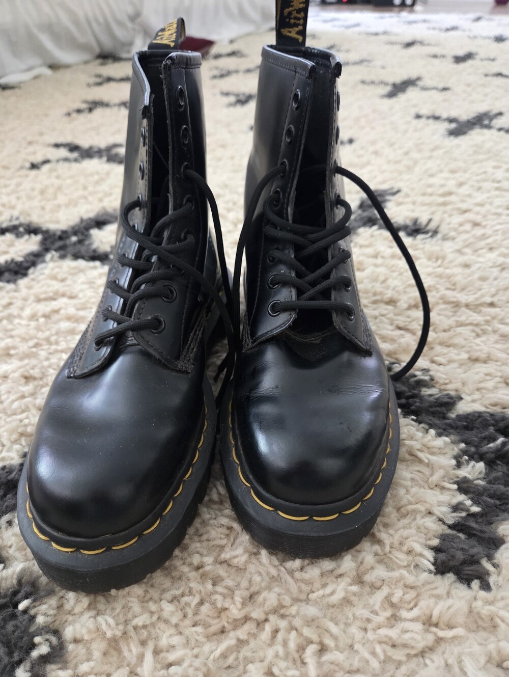 Dr. Martens Black Lace-Up Platform Boots with Yellow Stitching
